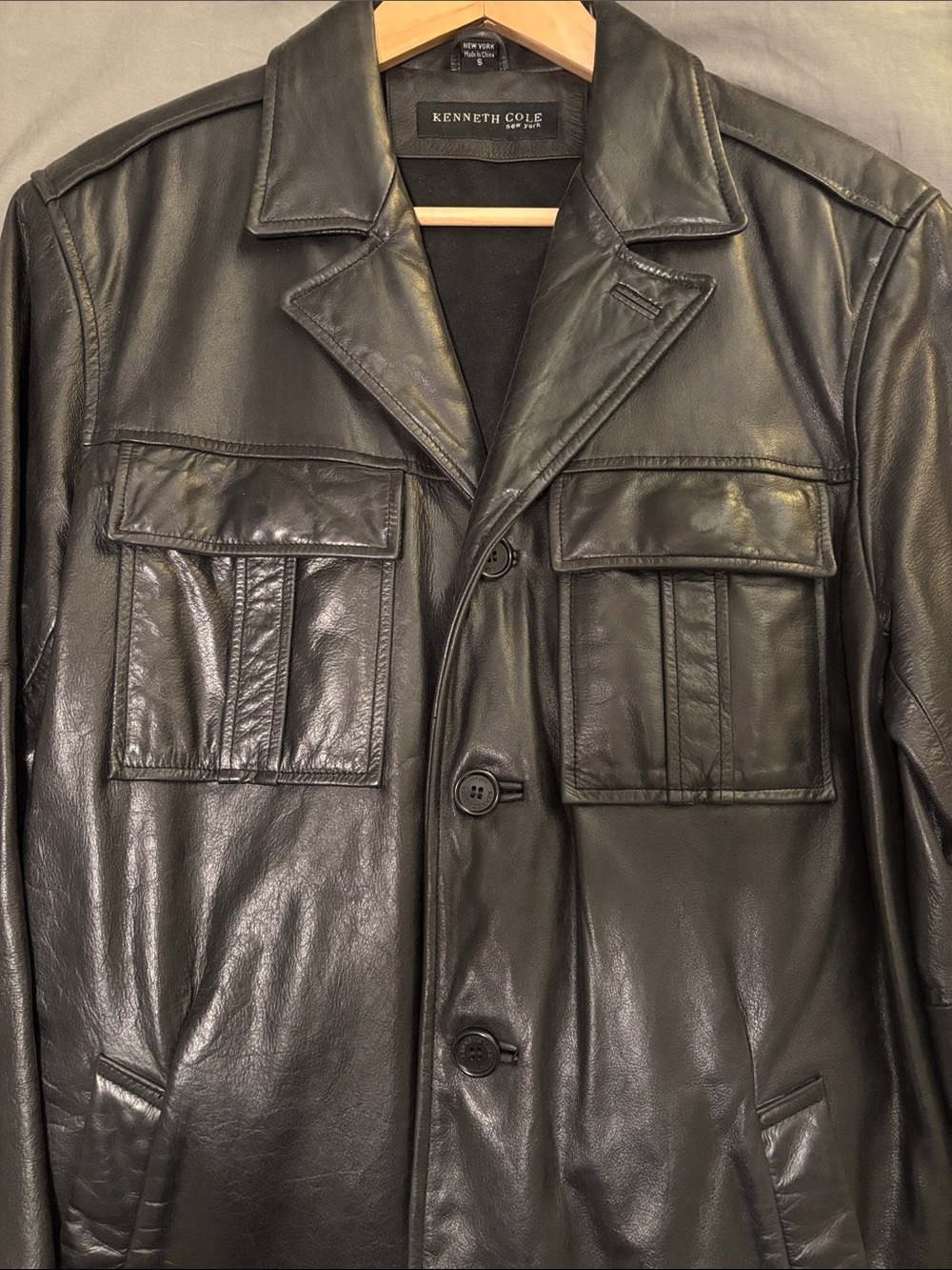 Kenneth Cole Black Leather Button-Front Bomber Jacket
